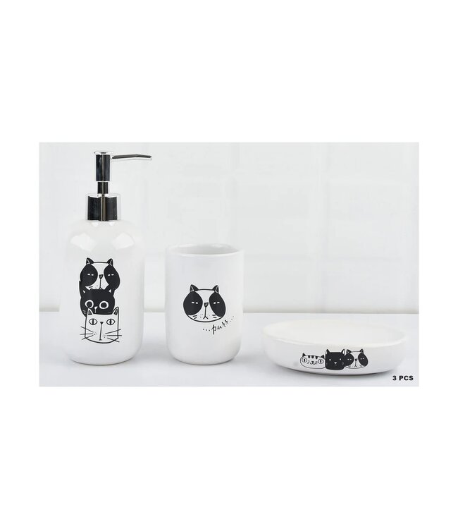 CATS 3Pc CERAMIC BATHROOM ACCESSORY SET WHITE w/BLACK