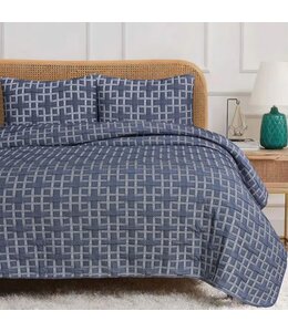 LAUREN TAYLOR JULIO JACQUARD 3pc QUILT SET BLUE GEO STITCH