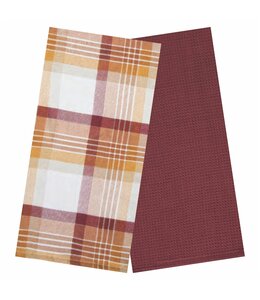 SET OF 2 FALL PRINTED AND WAFFLEWEAVE KITCHEN TOWEL 16X27" AUTUMN PLAID