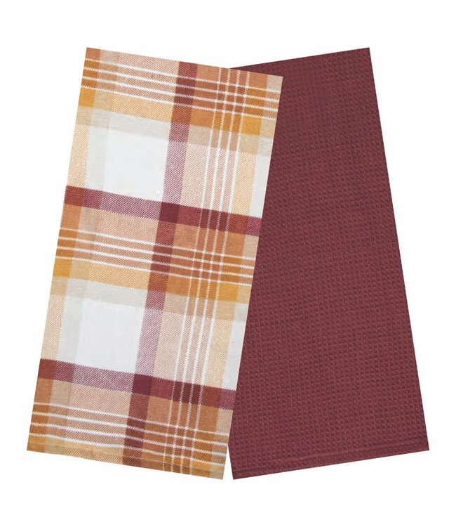 SET OF 2 FALL PRINTED AND WAFFLEWEAVE KITCHEN TOWEL 16X27" AUTUMN PLAID