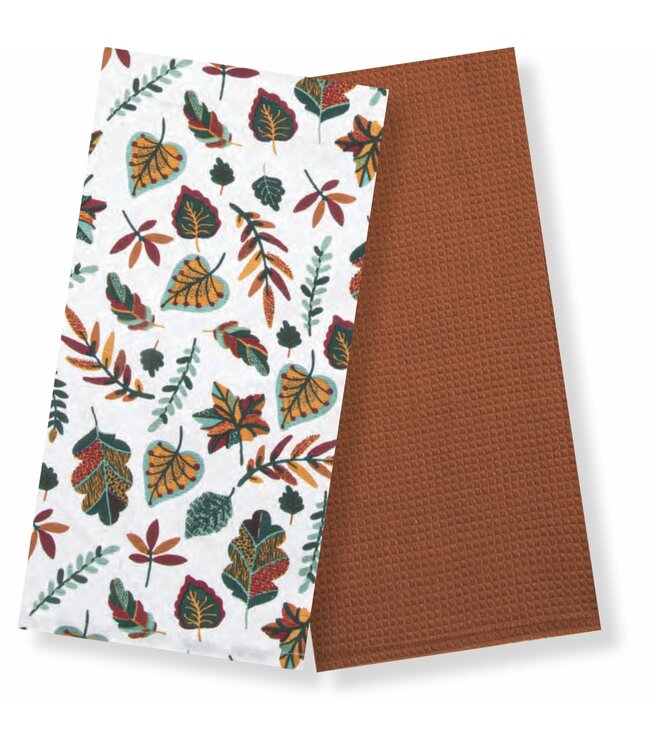 SET OF 2 FALL PRINTED AND WAFFLEWEAVE KITCHEN TOWEL 16X27" COLOURFUL LEAVES