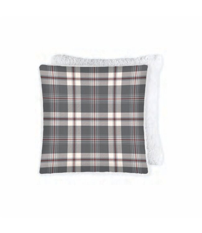 PRINTED FALL CUSHION w/SHERPA REVERSE 17X17" GREY PLAID