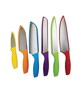 A LA CUISINE 6Pc KNIFE SET w/COLOURFUL SLIP COVERS MULTI