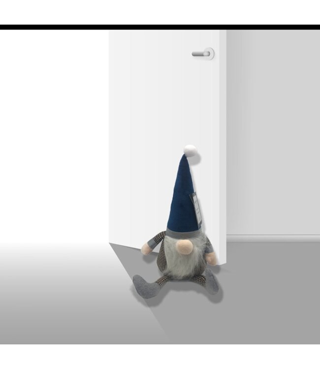 LAUREN TAYLOR SITTING GNOME DOOR STOPPER GREY PLAID w/BLUE HAT 16X16X35"