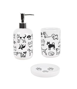LAUREN TAYLOR DOG 3PK CERAMIC BATHROOM ACCESSORY SET WHITE/BLACK