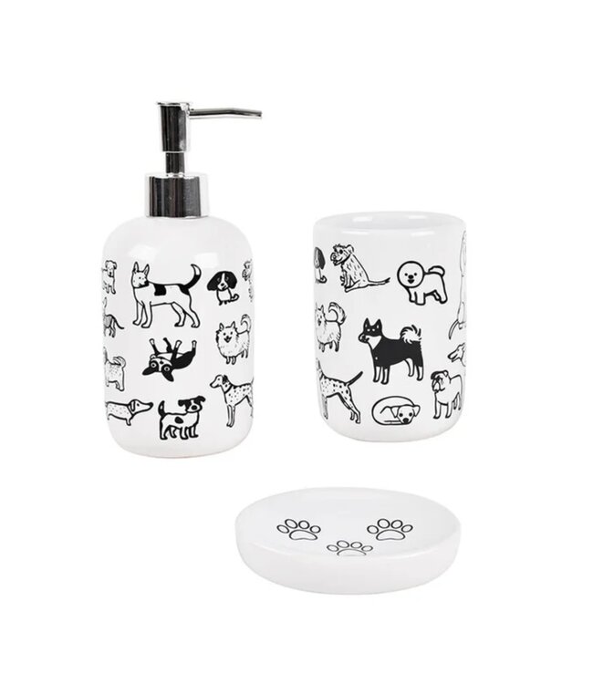 LAUREN TAYLOR DOG 3PK CERAMIC BATHROOM ACCESSORY SET WHITE/BLACK