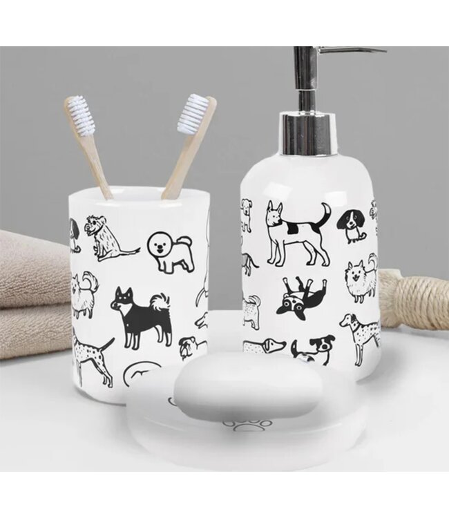 LAUREN TAYLOR DOG 3PK CERAMIC BATHROOM ACCESSORY SET WHITE/BLACK