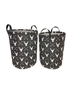 LAUREN TAYLOR DEER PRINT CANVAS COTTON BLEND ROUND HAMPER BLACK/WHITE