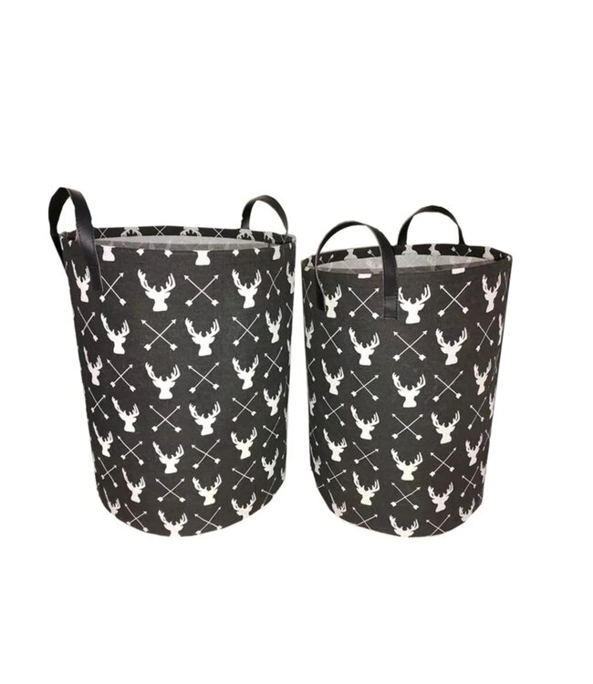 LAUREN TAYLOR DEER PRINT CANVAS COTTON BLEND ROUND HAMPER BLACK/WHITE