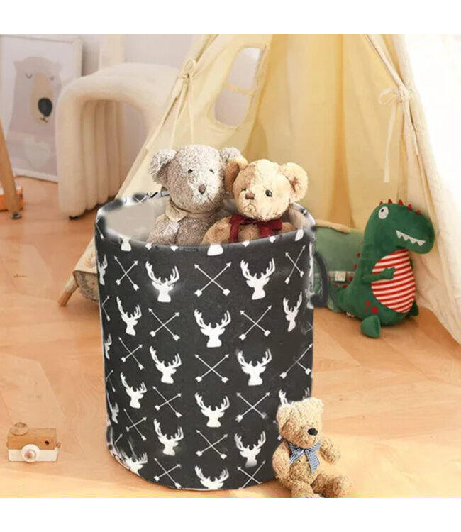 LAUREN TAYLOR DEER PRINT CANVAS COTTON BLEND ROUND HAMPER BLACK/WHITE
