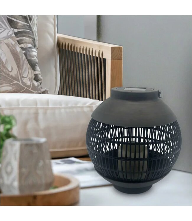 LAUREN TAYLOR CAGED SPHERE SOLAR LANTERN DARK WOOD/BLACK 8.5" x 8.5" x 9"