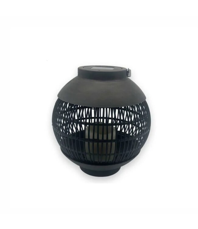 LAUREN TAYLOR CAGED SPHERE SOLAR LANTERN DARK WOOD/BLACK 8.5" x 8.5" x 9"