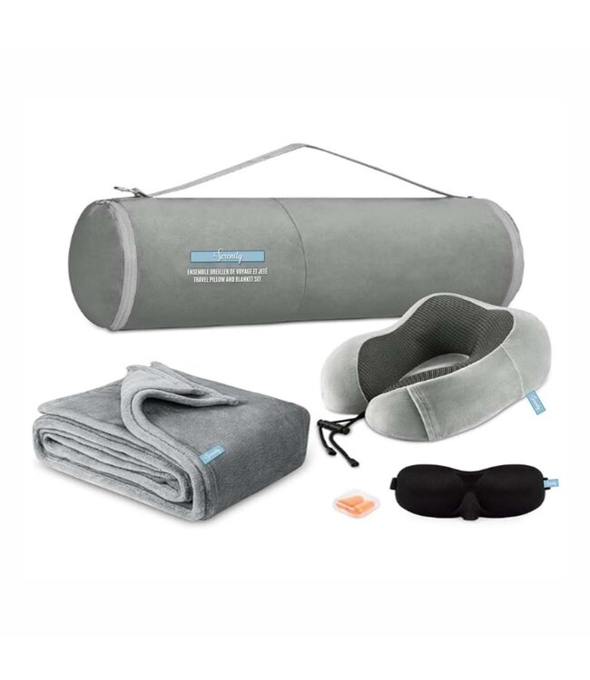 SERENITY TRAVEL PILLOW 9.8x6" AND BLANKET 43x60" SET