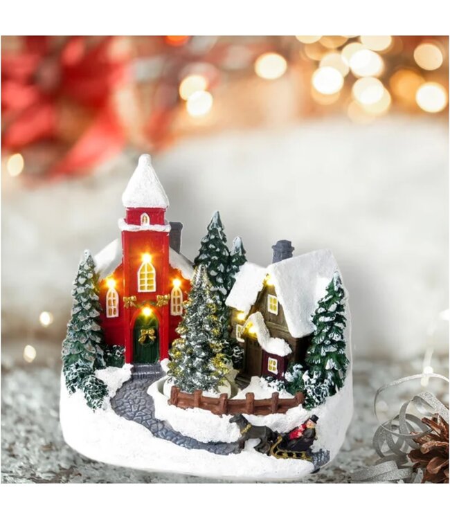 LAUREN TAYLOR MUSICAL LED CHURCH w/TURNING TREE DECOR 7.5" x5.3"x 7"