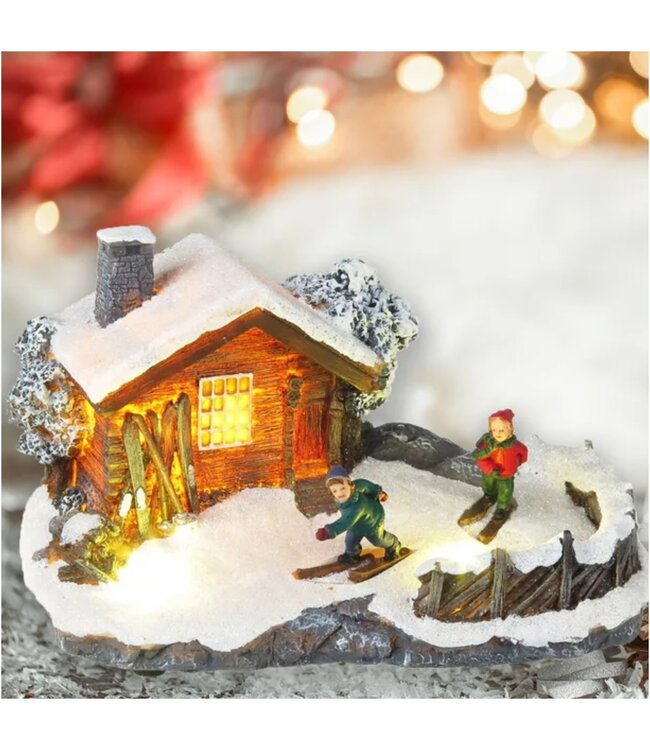 LAUREN TAYLOR LED CHRISTMAS HOUSE w/KIDS SKIING DECOR 7.5" x5.3"x 5"