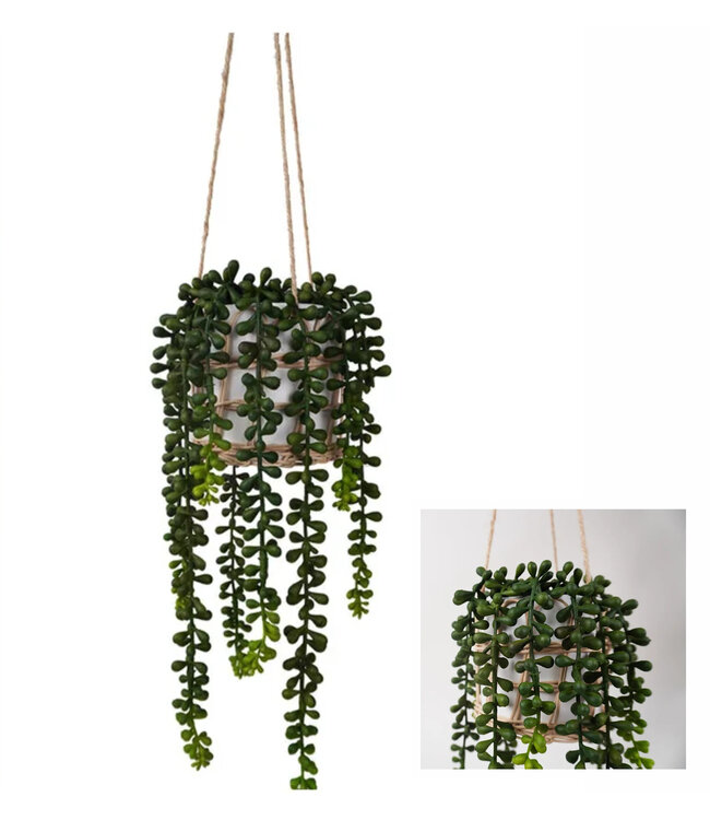 LAUREN TAYLOR 24" ARTIFICIAL HANGING PLANT IN PEARL STRING CERAMIC POT