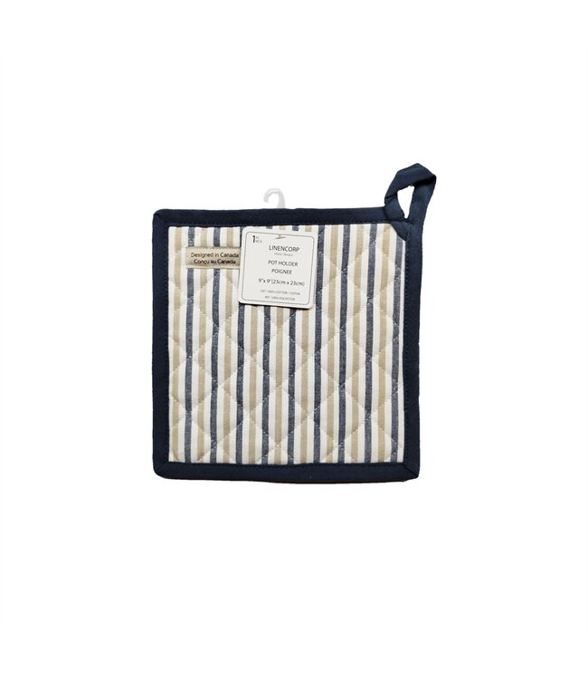 DENIM STRIPE POT HOLDER BLUE/TAUPE 9X9"