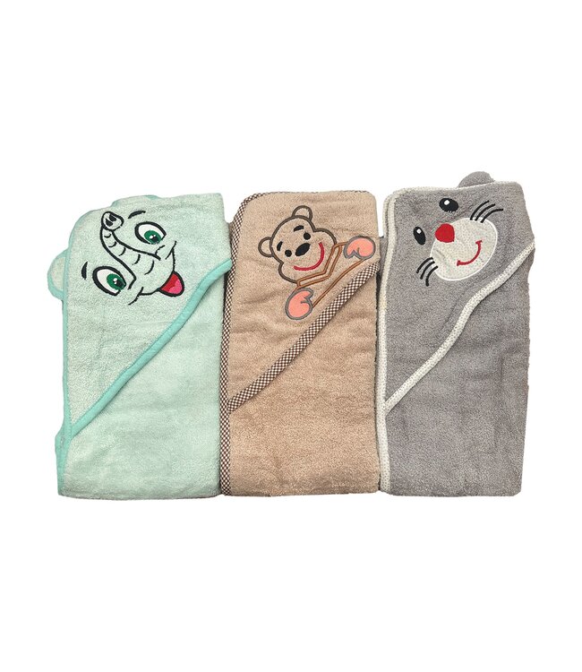 EMBROIDERED BABY HOODED TOWEL AST 27.5X27.5"