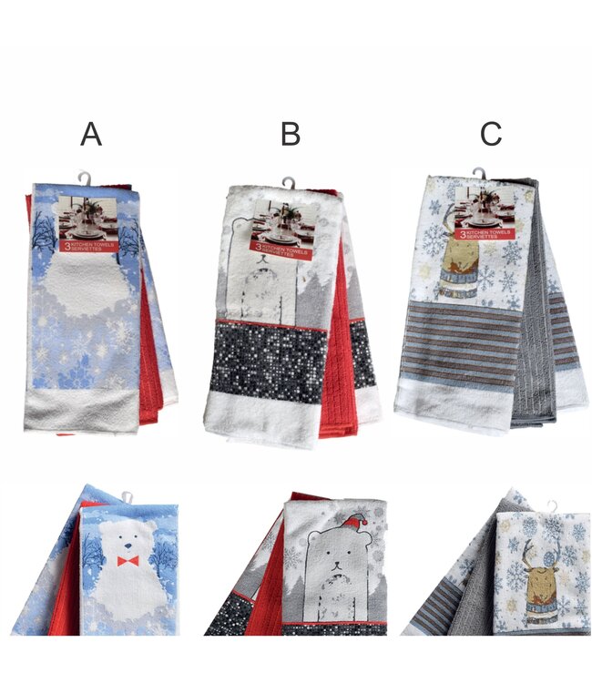 3Pk CHRISTMAS KITCHEN TOWELS AST 15X25"