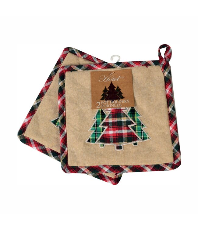 CHRISTMAS VINTAGE TREE POT HOLDER PAIRS PLAID 8X8"