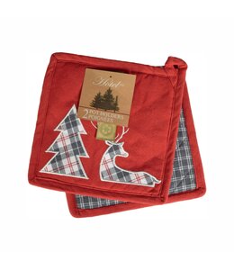 CHRISTMAS REINDEER/TREE POT HOLDER PAIRS PLAID 8X8"
