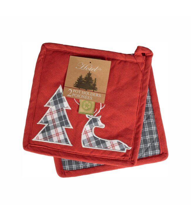 CHRISTMAS REINDEER/TREE POT HOLDER PAIRS PLAID 8X8"