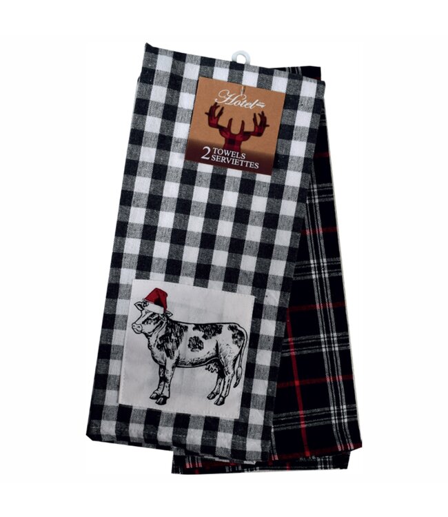 CHRISTMAS COW 2Pk KITCHEN TOWELS BLACK/WHITE 15X25"