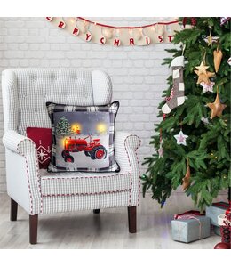 LED RED TRACTOR BLACK PLAID CUSHION 18X18" BLACK/WHITE/RED (MP6)