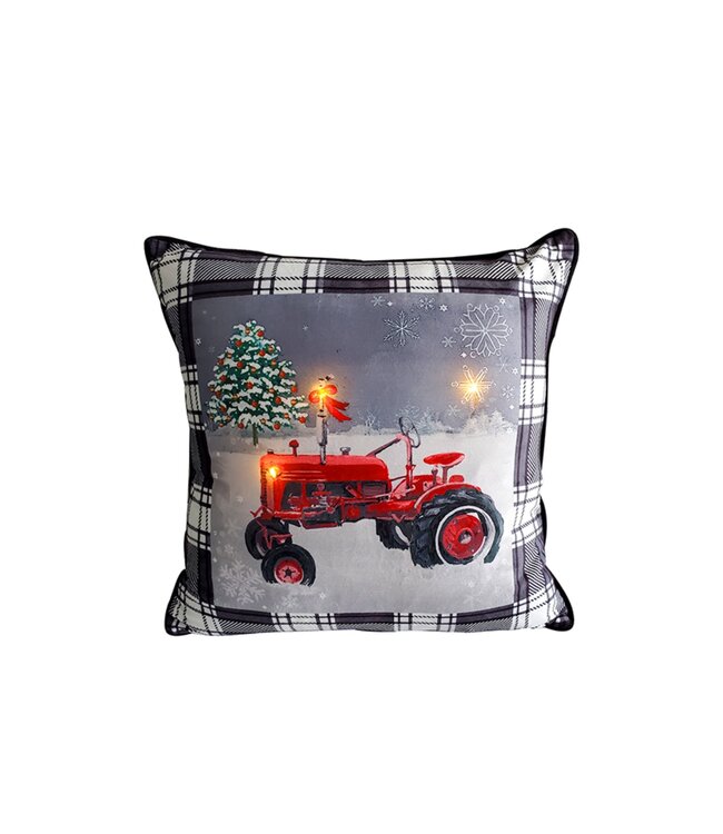 LED RED TRACTOR BLACK PLAID CUSHION 18X18" BLACK/WHITE/RED (MP6)