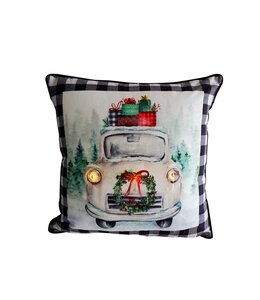 LED WHITE CAR BLACK PLAID CUSHION 18X18" BLACK/WHITE/RED (MP6)