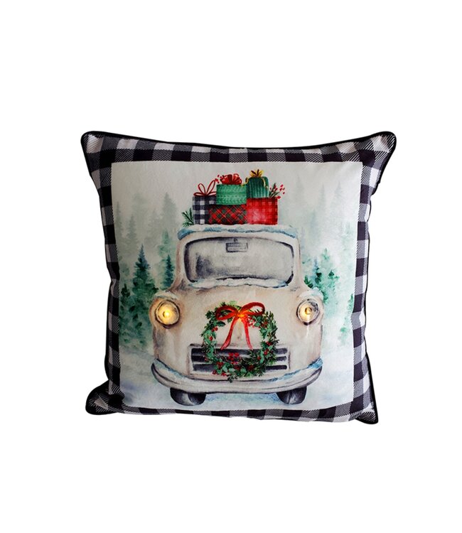 LED WHITE CAR BLACK PLAID CUSHION 18X18" BLACK/WHITE/RED (MP6)