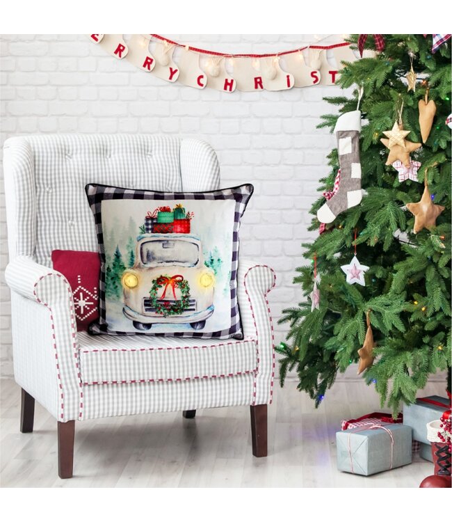 LED WHITE CAR BLACK PLAID CUSHION 18X18" BLACK/WHITE/RED (MP6)