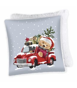 PHOTOREAL REV/SHERPA CHRISTMAS CUSHION 17X17" BEAR CUBS IN TRUCK
