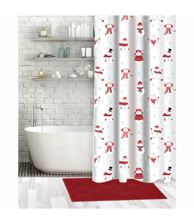 CHRISTMAS 3Pc CHENILLE BATH MAT & SHOWER CURTAIN SET SNOWMAN