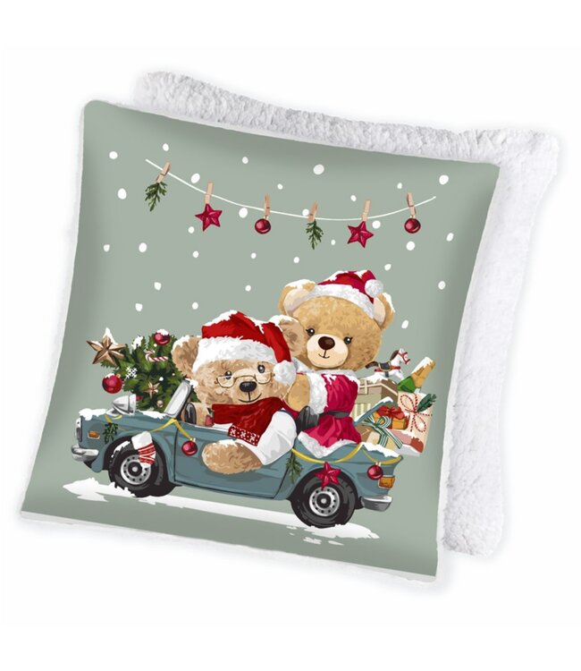 PHOTOREAL REV/SHERPA CHRISTMAS CUSHION 17X17" BEARS CUBS IN CAR