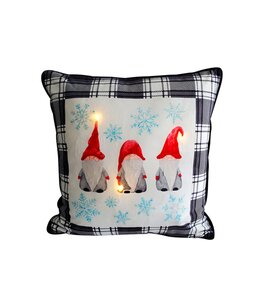 LED GNOMES BLACK PLAID CUSHION 18X18" BLACK/WHITE/RED (MP6)