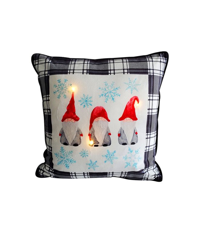 LED GNOMES BLACK PLAID CUSHION 18X18" BLACK/WHITE/RED (MP6)