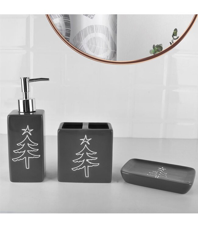 LAUREN TAYLOR SNOWTREES 4pc CERAMIC BATH ACCESSORY SET CHARCOAL/WHITE