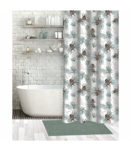 CHRISTMAS 3Pc CHENILLE BATH MAT & SHOWER CURTAIN SET PINECONES