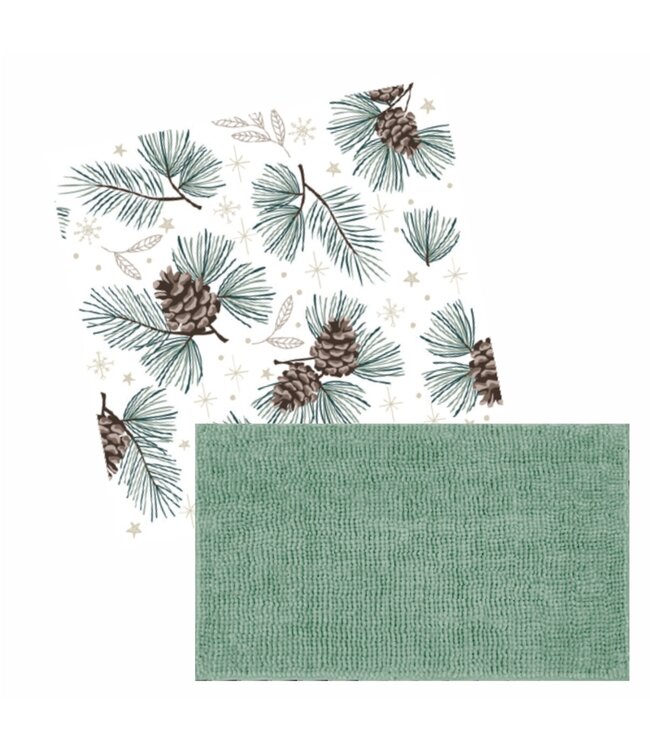 CHRISTMAS 3Pc CHENILLE BATH MAT & SHOWER CURTAIN SET PINECONES