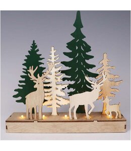 WOODEN FOREST AND REINDEER SCENE w/LED LIGHTS 10X2.5X10"