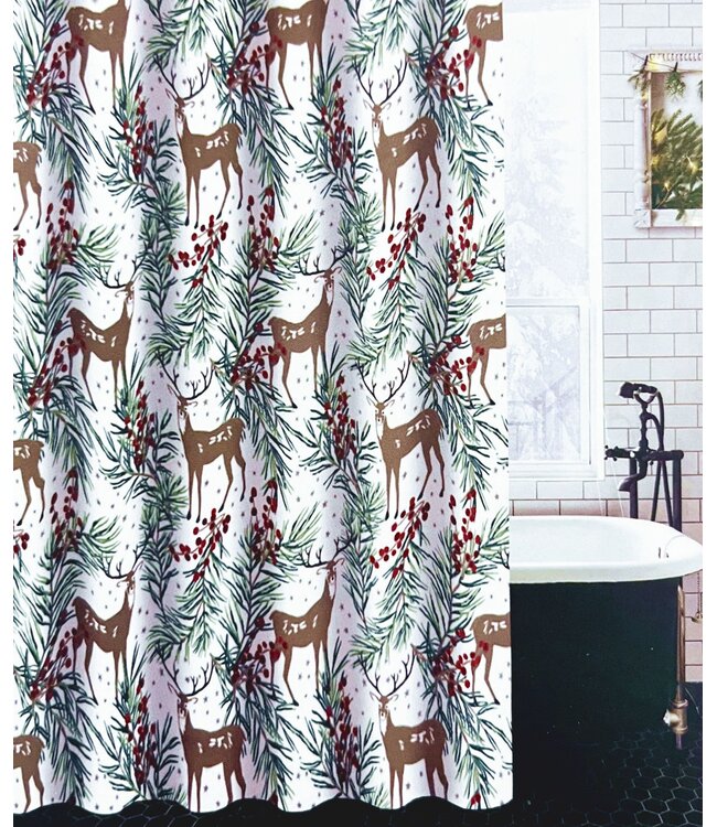 WOVEN PRINTED HOLIDAY SHOWER CURTAIN REINDEER FOREST