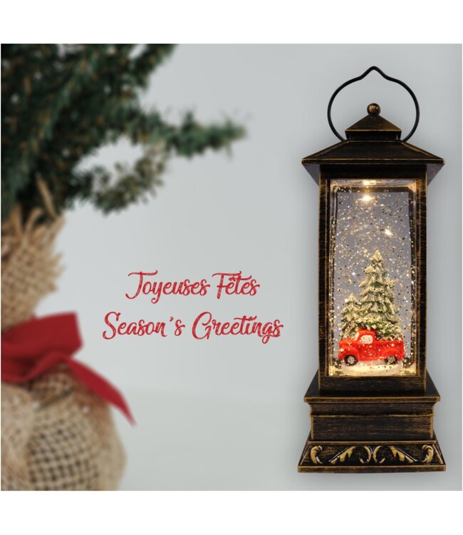 LAUREN TAYLOR RED TRUCK LANTERN w/GLITTER SNOW