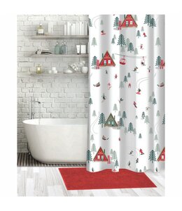 CHRISTMAS 3Pc CHENILLE BATH MAT & SHOWER CURTAIN SET SKI CABIN