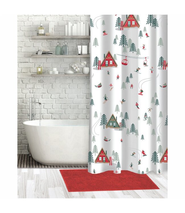 CHRISTMAS 3Pc CHENILLE BATH MAT & SHOWER CURTAIN SET SKI CABIN