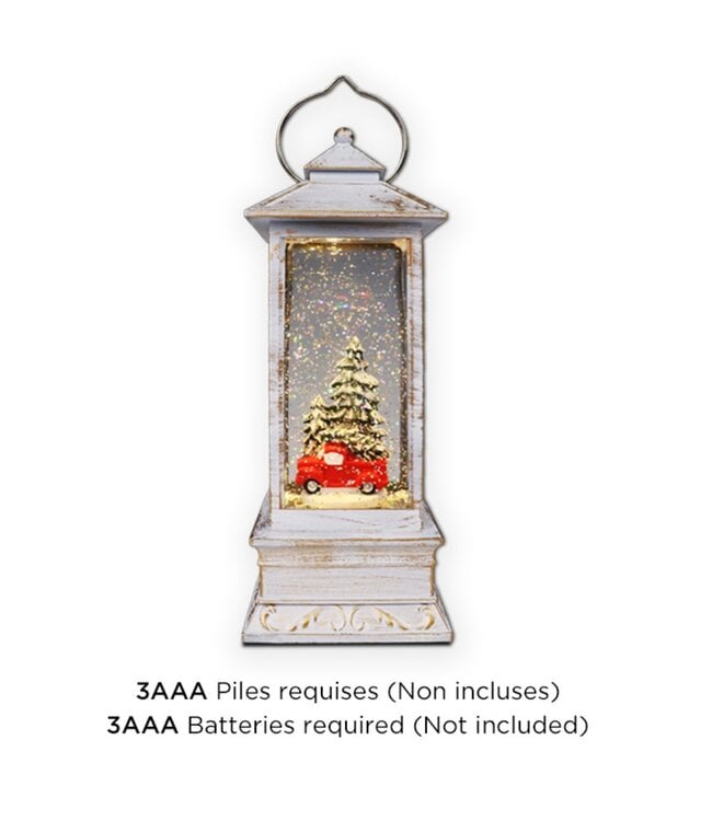 LAUREN TAYLOR RED TRUCK LANTERN w/GLITTER SNOW