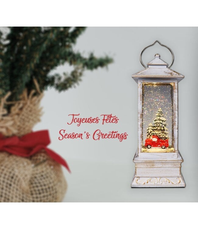LAUREN TAYLOR RED TRUCK LANTERN w/GLITTER SNOW