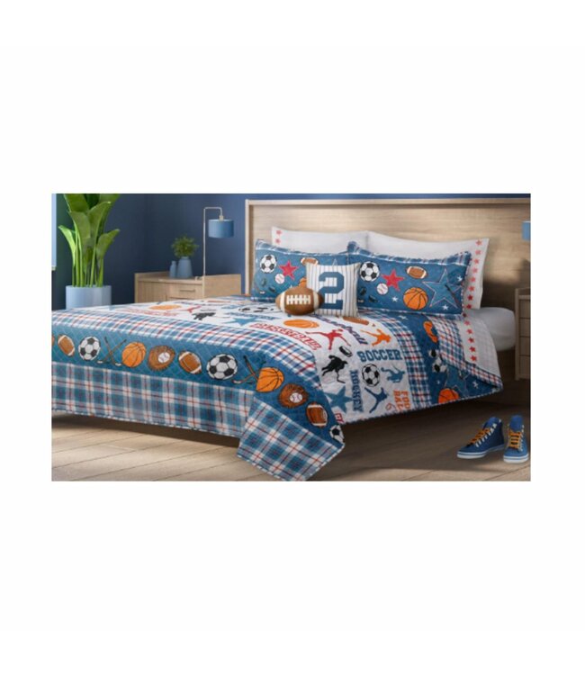 ALL STAR BLUE 3PC JUVENILE PRINTED QUILT SET MULTI DOUBLE/QUEEN