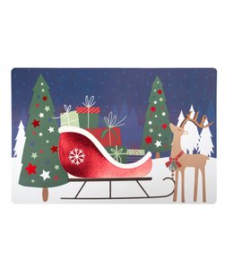 CHRISTMAS PRINTED POLYPROPYLENE PLACEMATS w/FOIL DETAILS DEER AND SLEIGH 12X18"