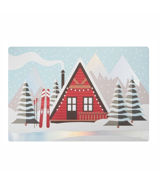 CHRISTMAS PRINTED POLYPROPYLENE PLACEMATS w/FOIL DETAILS SKI CABIN 12X18"